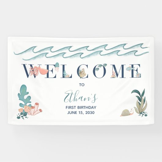 1. Baby Boy Niedlich Watercolor Blue Ocean Willkom Banner (Horizontal)