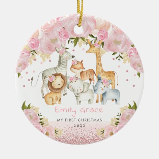 1. Baby First Christmas Blush Rose Gold Safari Keramik Ornament (Vorne)
