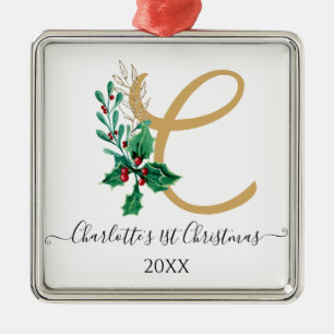 1. Baby First Christmas Monogram Holly Berry Gold Ornament Aus Metall