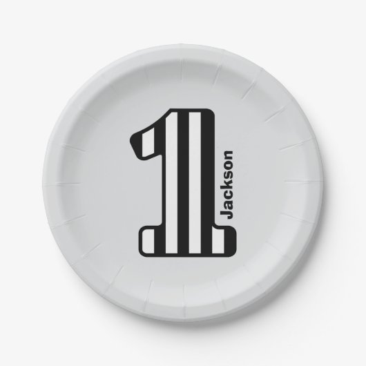 1. BABY Geburtstags-Schwarz-gestreifte große Zahl Pappteller (Vorderseite)