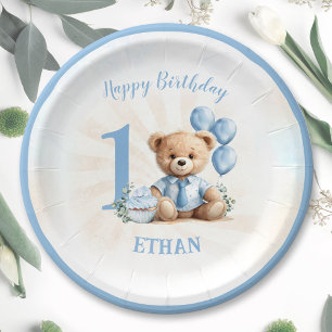 1. Birthday Bear Blue Balloons Paper Teller