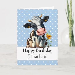 1. BIRTHDAY Dairy COW BOY Blue CARD Karte