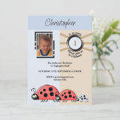 1. Birthday Party Foto Ladybugs blau braun Einladung (Stehend Vorderseite)