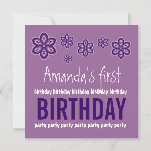 1. Birthday Purple Flowers Individuelle Name Templ Einladung (Vorderseite)