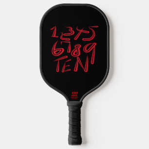 1 bis 10 Typografie in Rot auf Schwarz Muster Pickleball Schläger