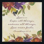 1 Corinthians 13:7 Love never fails Autumn Floral Künstlicher Leinwanddruck<br><div class="desc">Inspirational scripture wedding Faux Canvas Print depicts beautiful rustic autumn watercolor floral purple,  blue,  burnt orange flowers and greenery. It features Bible Verse 1 Corinthians 13:7-8,  "Love… hopes all things,  endures all things,  Love never fails." *</div>