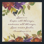 1 Corinthians 13:7 Love never fails Autumn Floral Künstlicher Leinwanddruck<br><div class="desc">Inspirational scripture wedding Faux Canvas Print depicts beautiful rustic autumn watercolor floral purple,  blue,  burnt orange flowers and greenery. It features Bible Verse 1 Corinthians 13:7-8,  "Love… hopes all things,  endures all things,  Love never fails." *</div>