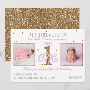 1. EINE 1 Geburtstags-Prinzessin-Party-Fotoeinladu Einladung