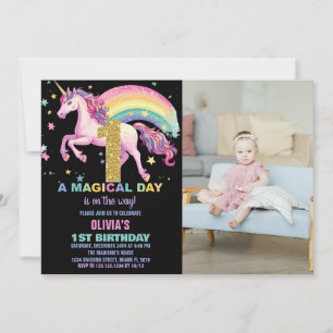 1. Einhorn Geburtstag Einladungen Schwarzes Bild