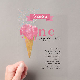 1. Erster Geburtstag One Happy Girl Pinkes Eis Acryleinladungen