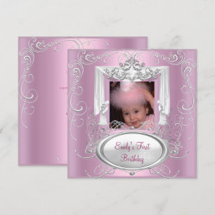 1. Erster Geburtstag Party Mädchen Rosa Silber Ste Einladung