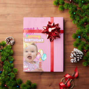 1. Erster Geburtstag Rosa Personalisiertes Foto-De Geschenkpapier