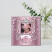 1. Erster Geburtstagsparty Mädchen Rosa Silber Ste Einladung (Stehend Vorderseite)