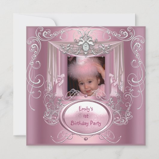 1. Erster Geburtstagsparty Mädchen Rosa Silber Ste Einladung (Vorderseite)