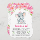 1. Erstes Geburtstagsmädchen Blütenpink Elefantisc Einladung (Vorne/Hinten)