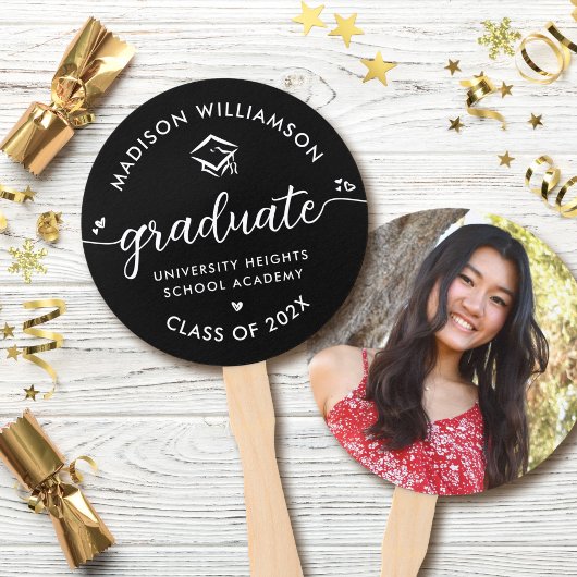 1 Foto Abschluss Black Modern Script Hearts Cap Fächer