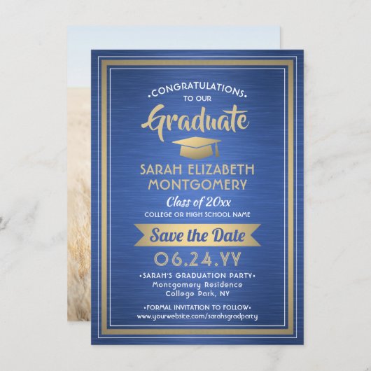 1 Foto Abschluss Brushed Royal Blue and Gold Save The Date (Vorne/Hinten)