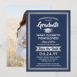 1 Foto Abschluss Elegant Navy Blue und White Save The Date