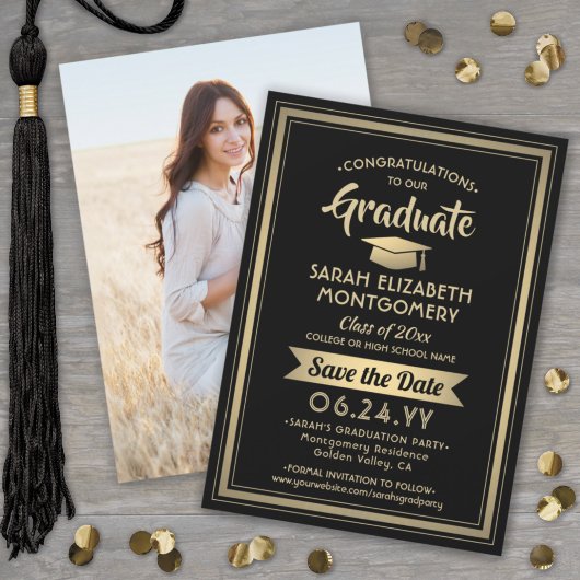 1 Foto Abschluss Elegante Moderne Schwarz und Gold Save The Date