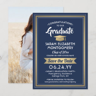 1 Foto Abschluss Elegante Navy Blue White & Gold Save The Date