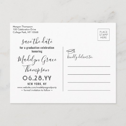 1 Foto Abschluss Modernes Skript Save the Date Ankündigungspostkarte (Rückseite)