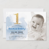1. FOTO BIRTHDAY PARTY INVITE Gold Glitzer blau Einladung (Vorderseite)