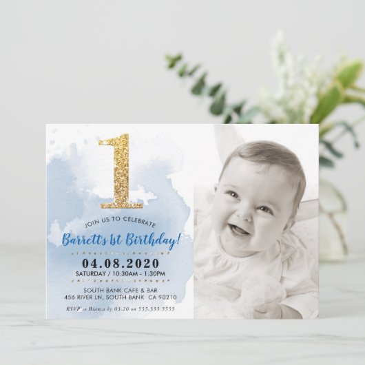 1. FOTO BIRTHDAY PARTY INVITE Gold Glitzer blau Einladung (Stehend Vorderseite)