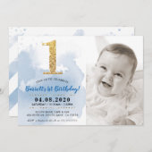 1. FOTO BIRTHDAY PARTY INVITE Gold Glitzer blau Einladung (Vorne/Hinten)