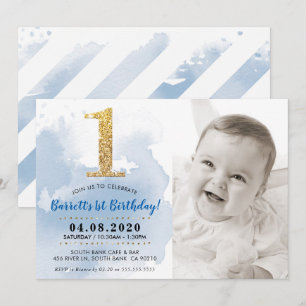 1. FOTO BIRTHDAY PARTY INVITE Gold Glitzer blau Einladung