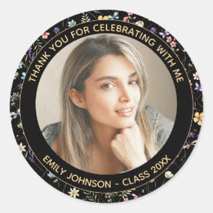 1 Foto Chic Black Floral Graduation Party Runder Aufkleber