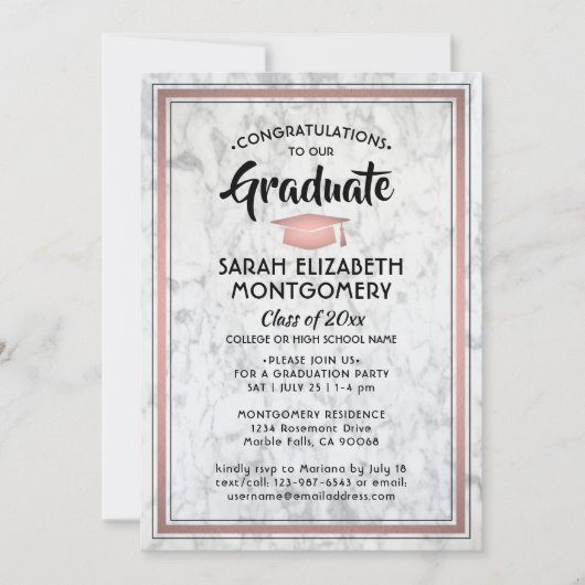 1 Foto Eleganter Marmor & Rosa Rose Gold Abschluss Einladung (Vorderseite)