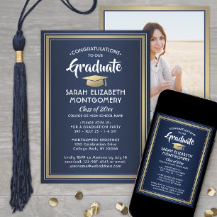 1 Foto Eleganter Navy Blue Gold & White Abschluss Einladung
