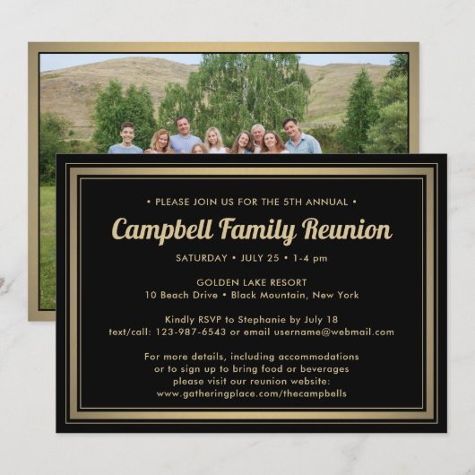 1 Foto Family Wiedersehen Elegant Black and Gold Einladung (Vorne/Hinten)