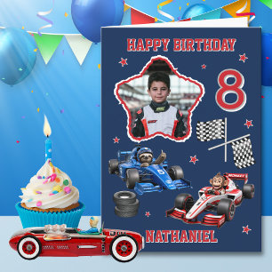 1 Foto Faultier- und Affen-Rennwagen 8. Geburtstag Karte