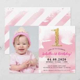 1. FOTO GEBURTSTAG PARTY INVITE Gold Glitzer Rosa Einladung