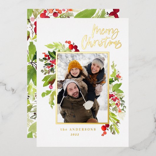 1 Foto grünes Blattwerk frohe Weihnachten Folien Feiertagskarte (Vorderseite/Rückseite)