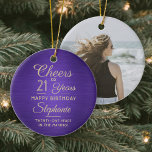 1 Foto JEDER Geburtstag Lila und Gold Runde gebürs Keramik Ornament<br><div class="desc">Herzlichen Glückwunsch zum Geburtstag! Feiern Sie einen fröhlichen Geburtstag mit einem maßgeschneiderten Foto lila und goldene runde Keramik Ornament. Alle Formulierungen auf dieser Vorlage (einschließlich "Cheers to 21 Years") sind für einen 21. Geburtstag Set, können aber für jedes Jahr oder jede Art von Veranstaltung einfach personalisiert werden. Das Design besticht...</div>