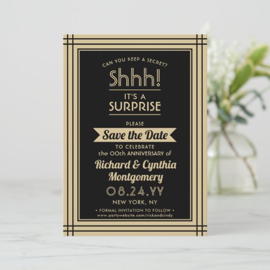1 Foto Jubiläum Überraschung Party Schwarz und Gol Save The Date (Stehend Vorderseite)