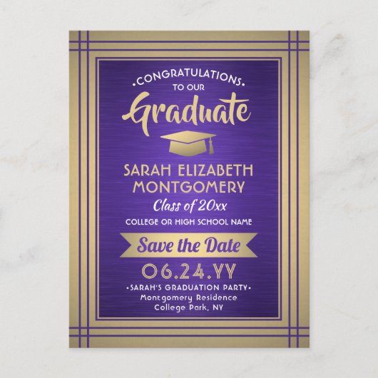 1 Foto Lila Gold Weißer Abschluss Save the Date Ankündigungspostkarte (Vorderseite)