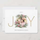1 Foto Moderne JOY Vintag Watercolor Holly Wreath Feiertagskarte (Vorderseite)