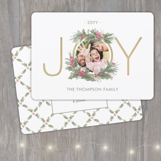 1 Foto Moderne JOY Vintag Watercolor Holly Wreath Feiertagskarte