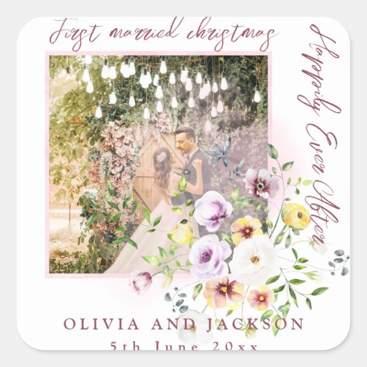 1 Foto Neuauflage 1. Verheirateter Weihnachtsrosa Quadratischer Aufkleber (Vorderseite)
