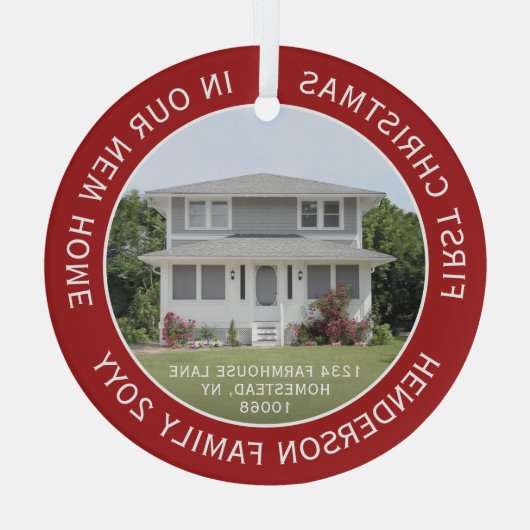 1 Foto Neue Zuhause-Adresse Erstes Weihnachtsrot Ornament Aus Glas (Rückseite)