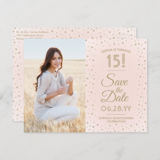 1 Foto Quinceanera Save the Date Rosa und Gold Einladungspostkarte (Vorne/Hinten)