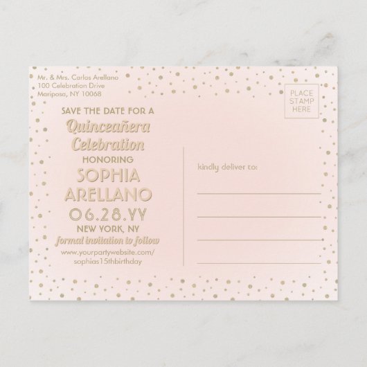 1 Foto Quinceanera Save the Date Rosa und Gold Einladungspostkarte (Rückseite)