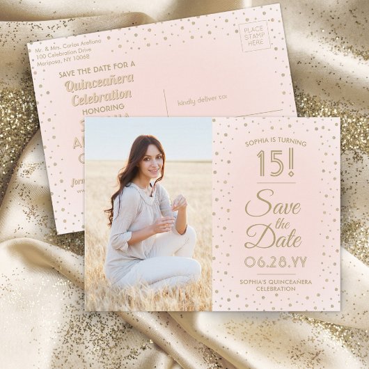 1 Foto Quinceanera Save the Date Rosa und Gold Einladungspostkarte