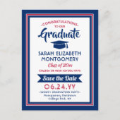 1 Foto Red White & Blue Abschluss Save the Date Ankündigungspostkarte (Vorderseite)
