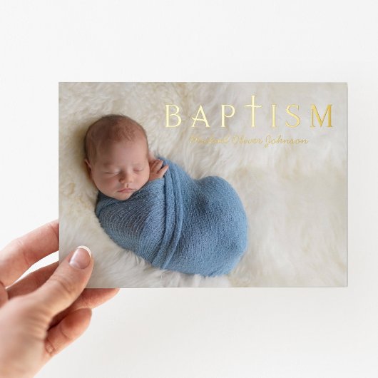1 Foto Religious Cross Blue Boy Taufe Gold Folieneinladung