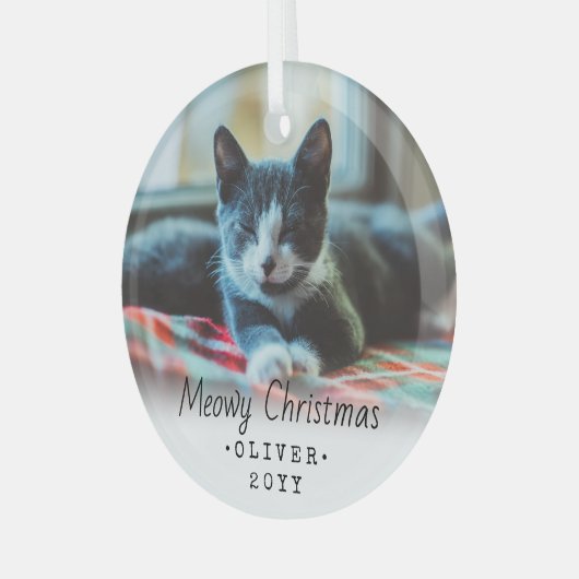 1 Foto Text Meowa Weihnachtskatze Einfaches Skript Ornament Aus Glas (Vorderseite links)