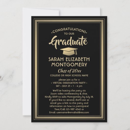 1 Foto Virtual Graduation Party Black and Gold Einladung (Vorderseite)